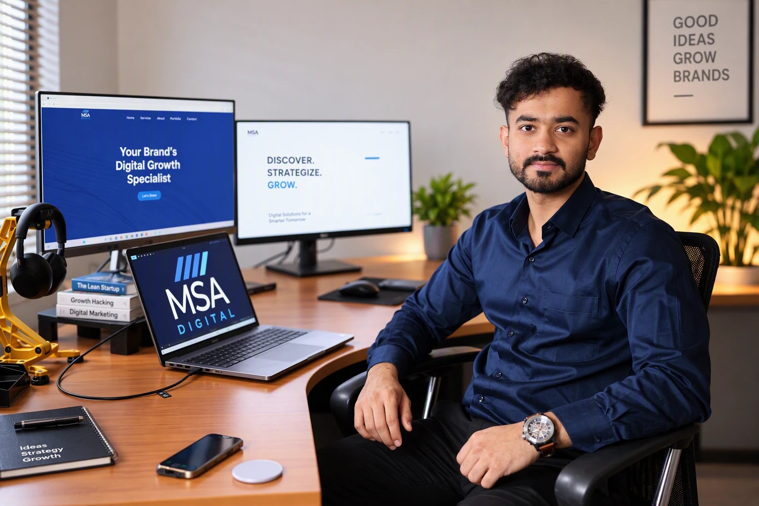 Aman Patel, co-founder of MSA Digital, in the Perth studio with the MSA website on screen