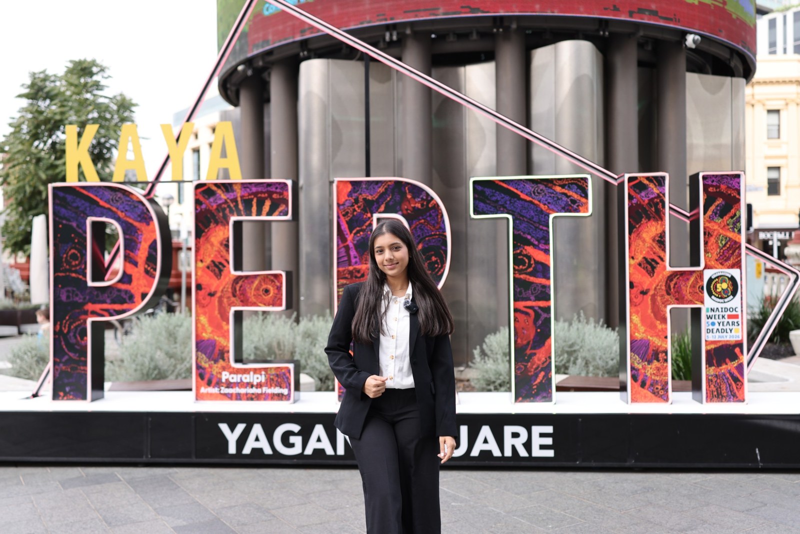 Shivangi Patel of MSA Digital at the PERTH sign in Yagan Square, Perth CBD