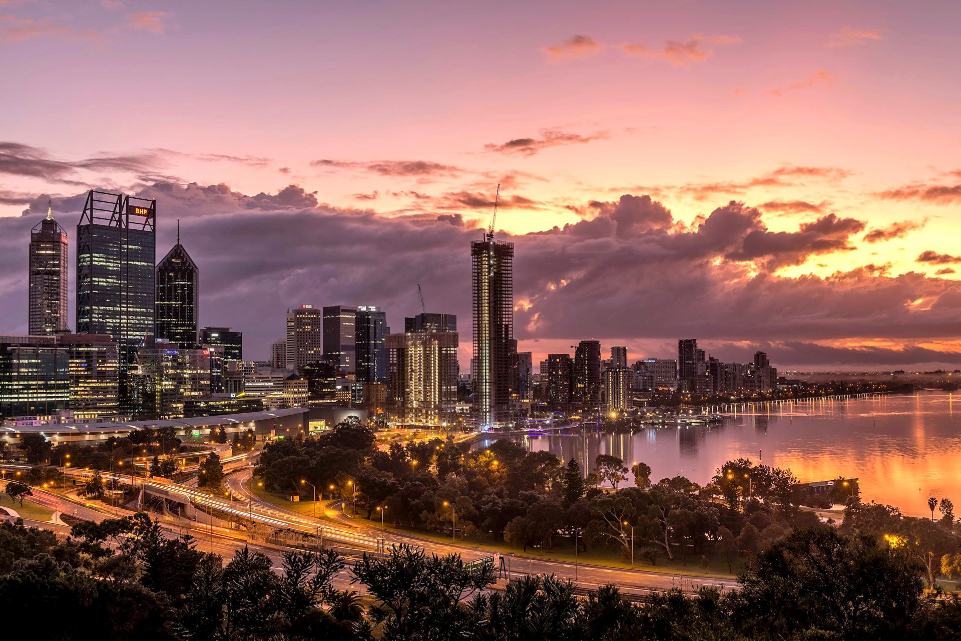 Perth city skyline at sunset from Kings Park